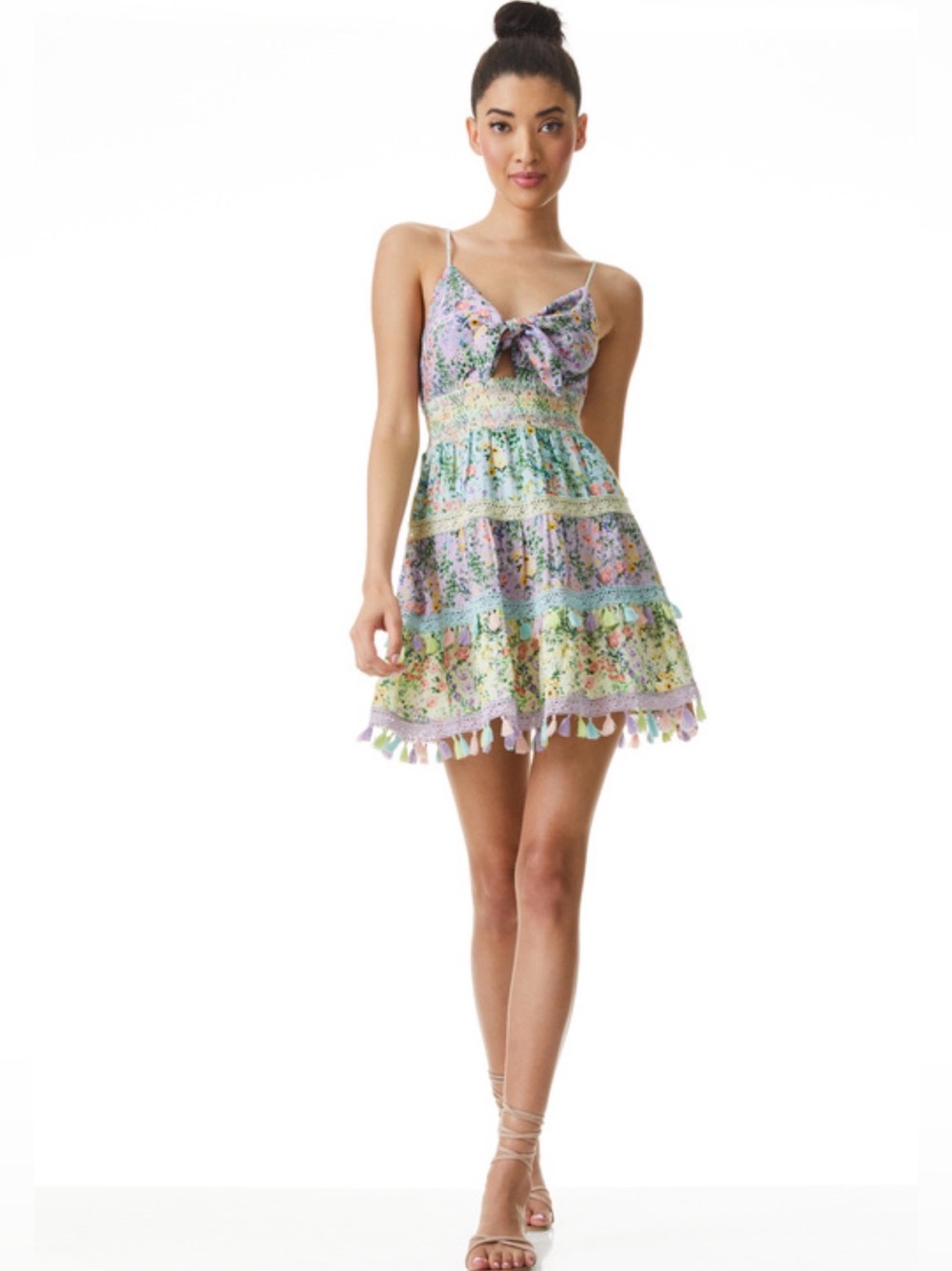 Alice + Olivia Pastel Floral Tiered Mini Dress in Lavender, Mint, Pink